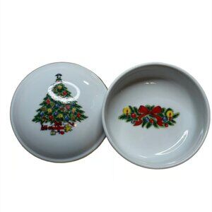 Christmas Treasure Jamestown China Trinket Dish w Lid Made in Japan Holiday Tree